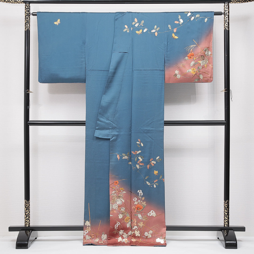 訪問着 袷 身丈168cm 裄丈66cm 正絹 Bランク セミフォーマル 広衿 XLサイズ 染色作家 松森和隆 ぼかし染 金彩 作家物 落款 椿 青系 RP 1217-15108