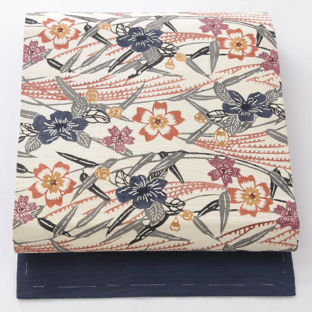 九寸名古屋帯 帯丈347cm インフォーマル 名古屋仕立て 六通 Cランク 正絹 染め帯 ちりめん 桜 クリーム系 紺系 1224-03986