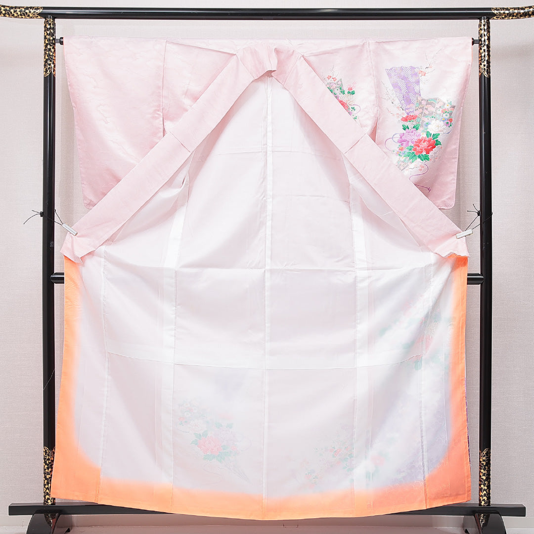 訪問着 袷 身丈163cm 裄丈65cm ポリエステル 洗える着物 Aランク セミフォーマル 広衿 Lサイズ 紋意匠 雲取り 古典柄 古典的 華やか ピンク系 HP 1217-15068