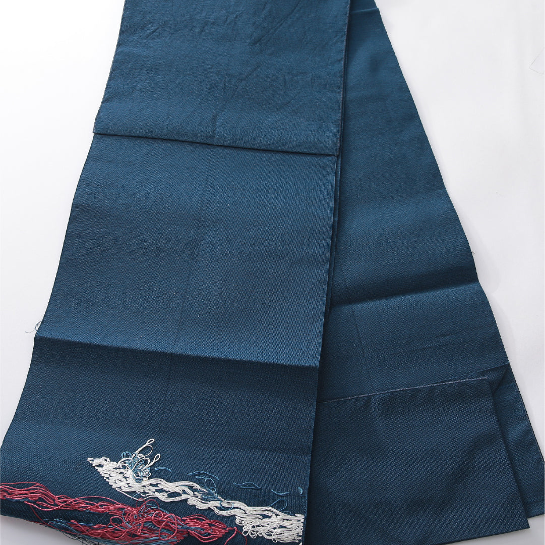 八寸名古屋帯 帯丈348cm カジュアル 松葉仕立て ポイント柄 Aランク 正絹 ふくれ織 山 青系 1224-03903