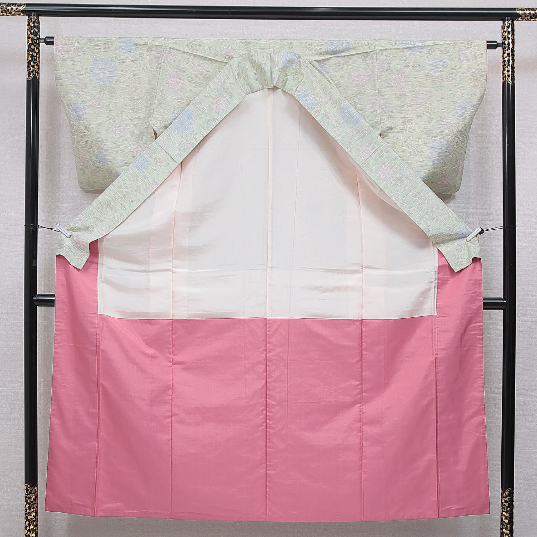 紬 袷 身丈151cm 裄丈63cm 正絹 Cランク カジュアル 広衿 Sサイズ 牡丹 緑系 HP 1223-16641