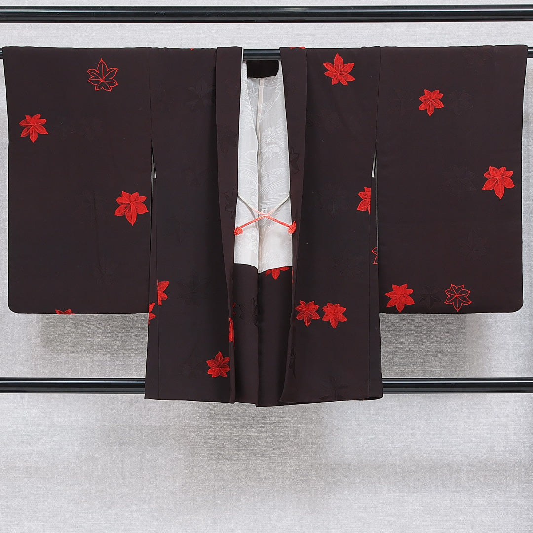 羽織 袷 身丈82cm 裄丈66cm 正絹 Bランク Mサイズ カジュアル 紐あり 紅葉 茶系 1217-16159