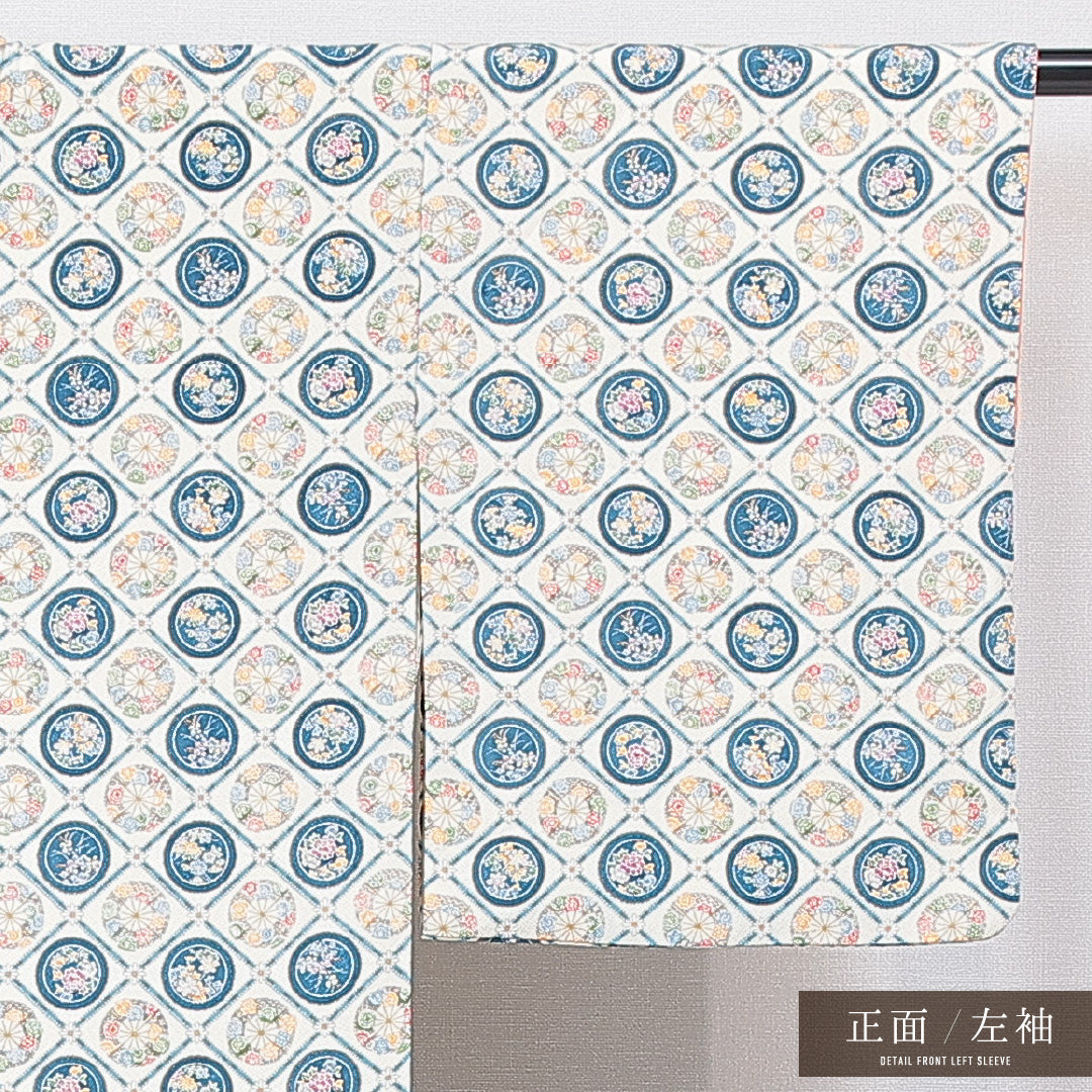 小紋 袷 身丈151cm 裄丈65cm 正絹 Aランク Sサイズ 広衿 インフォーマル ちりめん 格天井文 唐華 クリーム系 1215-16664