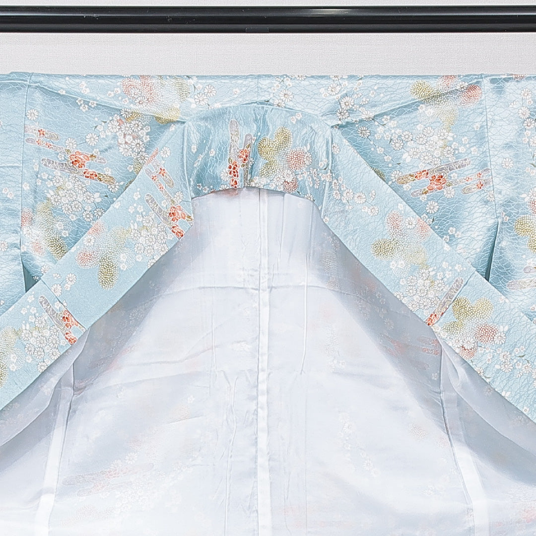 小紋 洗える着物 袷 身丈159cm 裄丈64cm ポリエステル Cランク Mサイズ 広衿 インフォーマル エ霞 梅 水色系 1215-15838