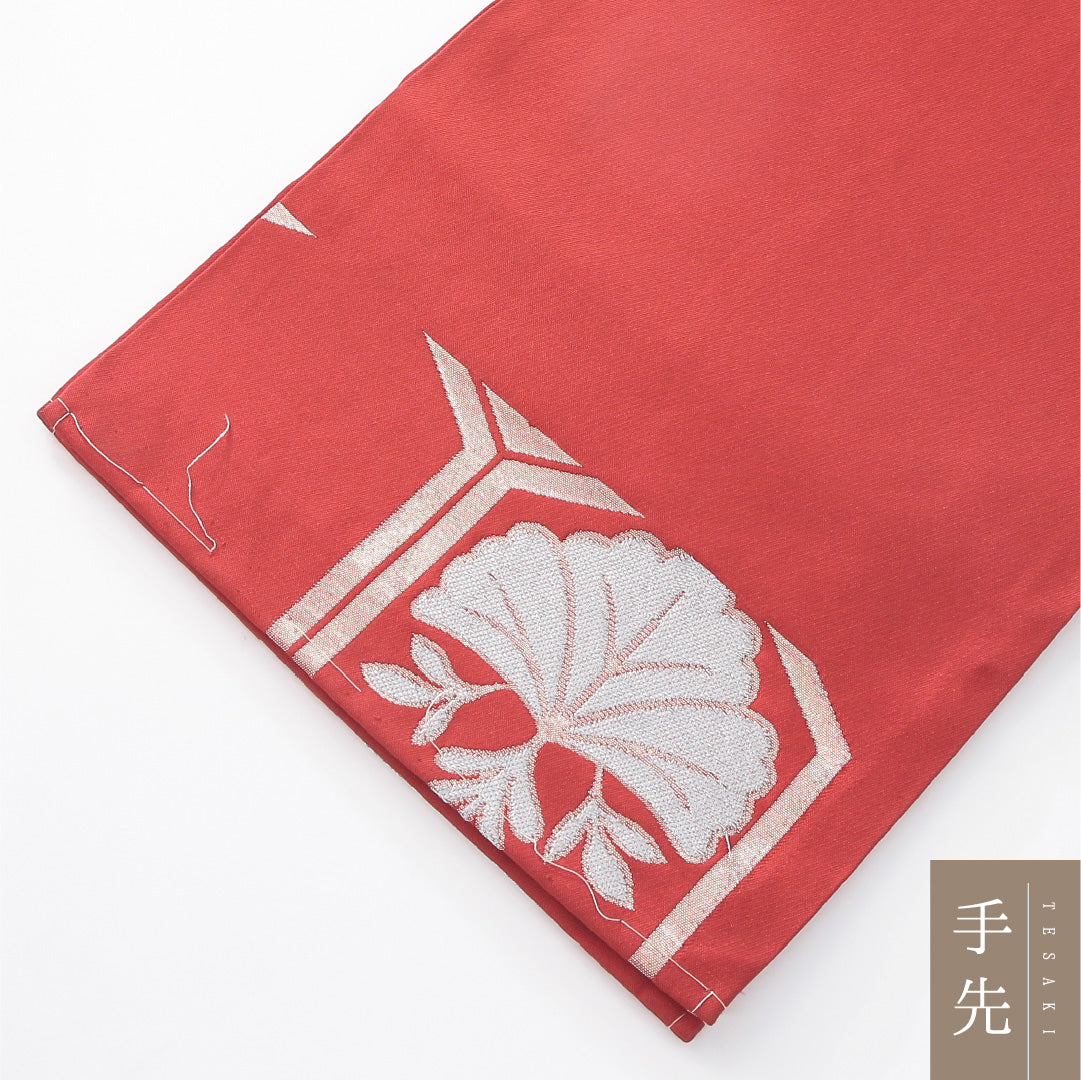 九寸名古屋帯 Aランク 帯丈344cm 正絹 六通 開き仕立て 織り セミフォーマル 亀甲 赤系 GP 1245-04146