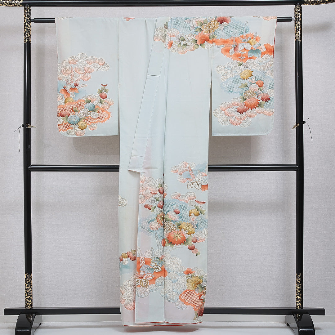 訪問着 洗える着物 袷 身丈160cm 裄丈64cm ポリエステル Cランク Lサイズ バチ衿 セミフォーマル 菊 桐 刺繍 水色系 1212-16096