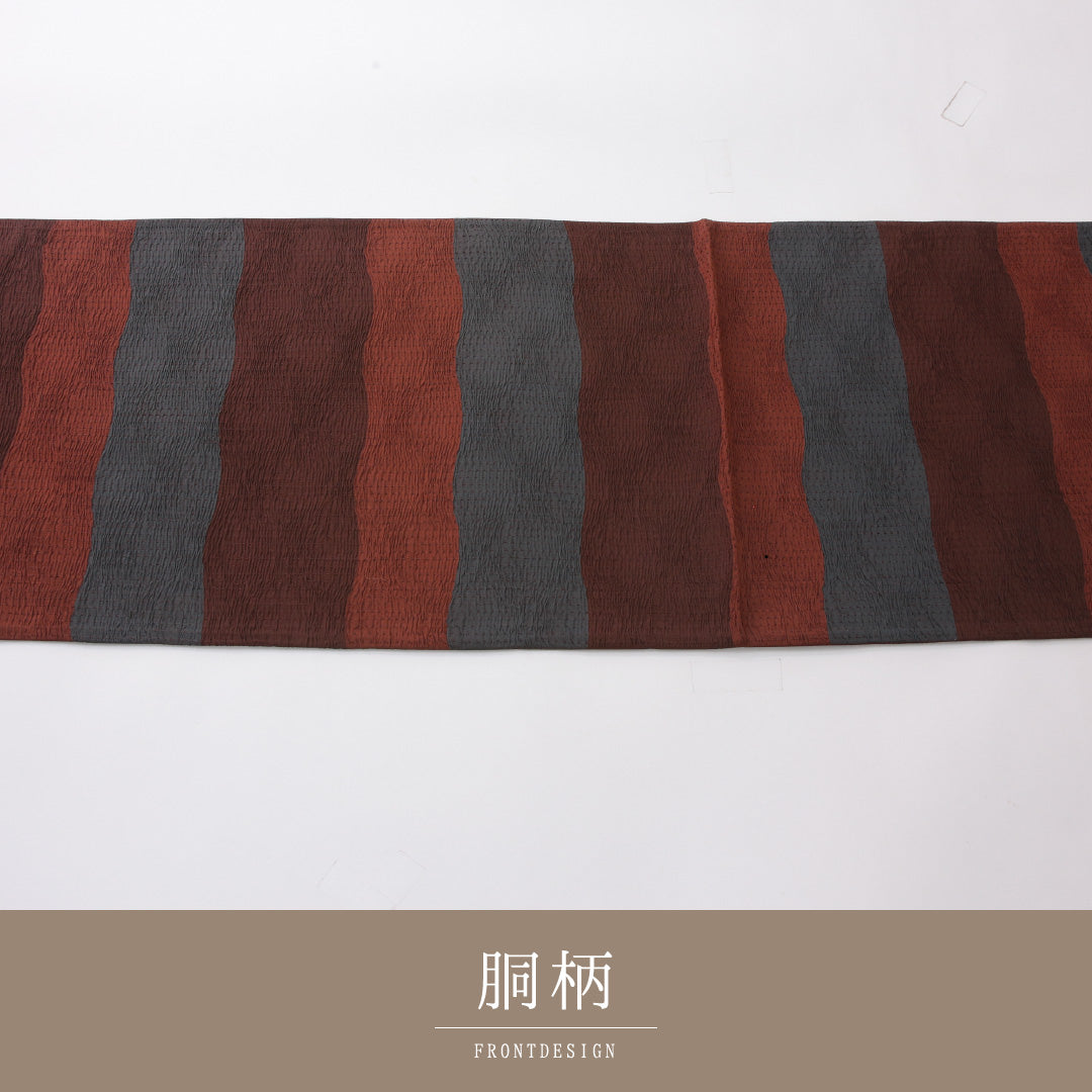 袋帯 帯丈436cm インフォーマル 六通 帯芯なし Sランク 正絹 ふくれ織 よろけ縞 赤系 1223-02240