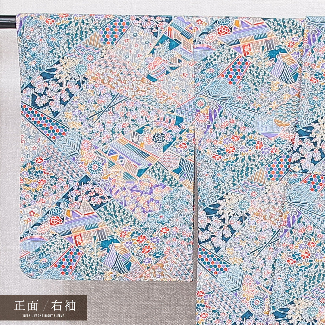 洗える着物 小紋 袷 身丈161cm 裄丈64cm ポリエステル Sランク インフォーマル 広衿 Lサイズ 吉祥文様 青系 RP 1221-16437