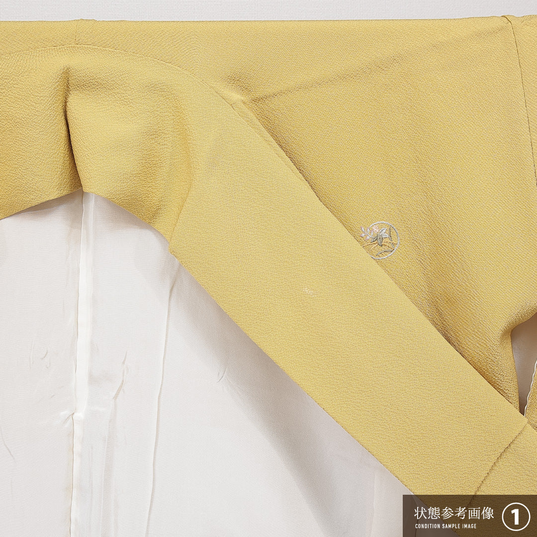 付下げ 袷 身丈155cm 裄丈66cm 正絹 Aランク 一つ紋 (揚羽蝶) セミフォーマル 広衿 Mサイズ 刺繍 撫子 黄系 RP 1218-15694
