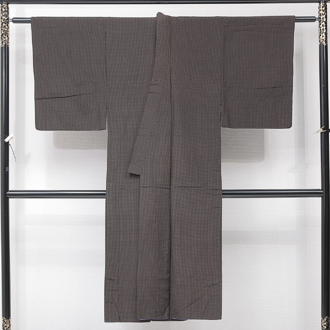 男着物 単衣 身丈132cm 裄丈63cm 正絹 Cランク カジュアル 棒衿 XSサイズ 格子 茶系 LP 1224-15239