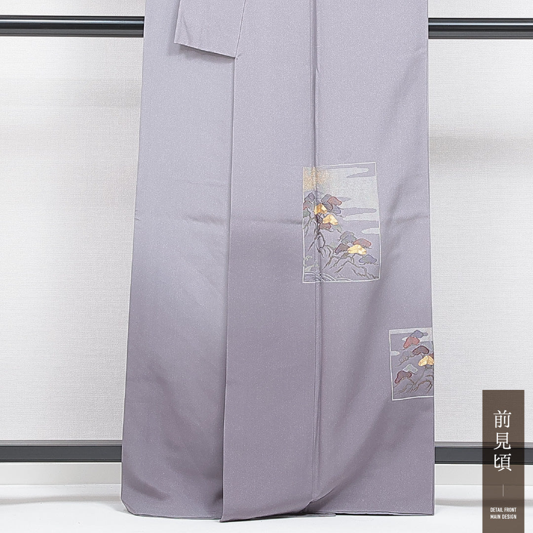 付下げ 袷 身丈163cm 裄丈65cm 正絹 Cランク Lサイズ 広衿 一つ紋（丸に橘） セミフォーマル 笠松 ぼかし染 金駒刺繍 グレー系 1261-16425