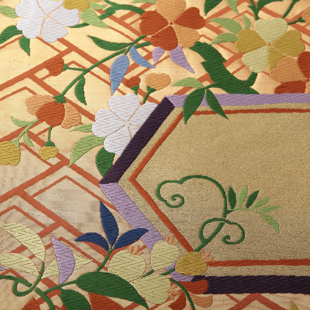 新古品 袋帯 帯丈428cm 珀寿錦 セミフォーマル 六通 Nランク 正絹 植物柄 落款 しつけ糸 青系 1223-02082