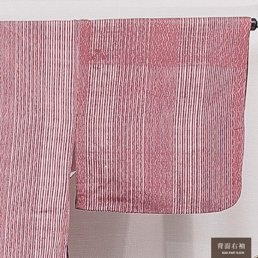 道中着 洗える着物 袷 身丈80cm 裄丈66cm ポリエステル Aランク Mサイズ バチ衿 カジュアル 縞 ピンク系 1264-15132