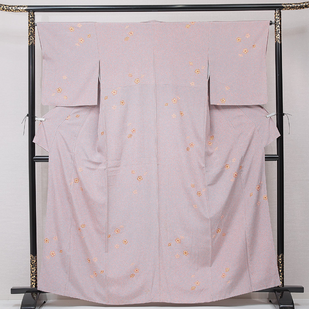 小紋 袷 身丈162cm 裄丈65cm 正絹 Bランク インフォーマル 広衿 Lサイズ 桜 グレー系 RP 1221-15198