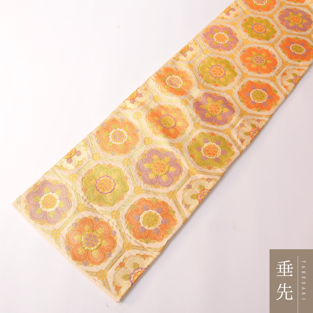 袋帯 帯丈412cm 正絹 六通 フォーマル 宝相華 亀甲 金系 1243-01764