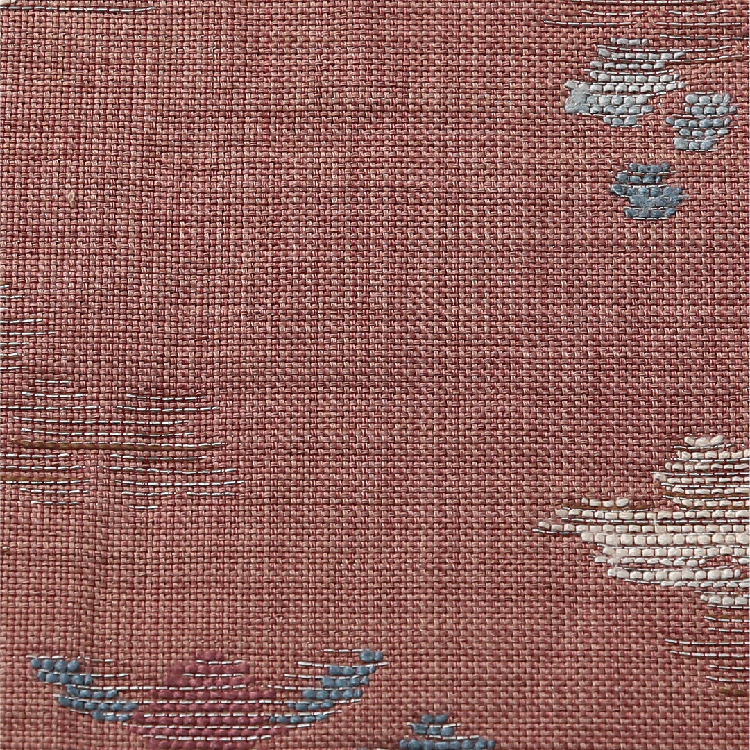 八寸名古屋帯（紬） 帯丈345cm カジュアル 松葉仕立て 六通 Cランク 正絹 創作柄 ピンク系 1224-03713