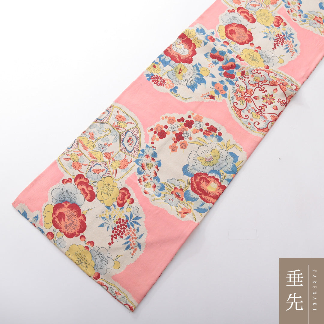 アンティーク 九寸名古屋帯 帯丈356cm 名古屋仕立て 全通 Bランク 正絹 染め帯 牡丹 ピンク系 1224-03880