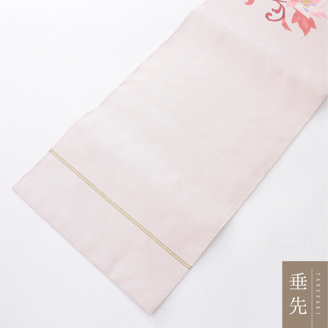 八寸名古屋帯 Aランク 帯丈344cm 正絹 ポイント柄 松葉仕立て 織り インフォーマル 綴れ織 唐草華文 淡いピンク系 RP 1245-04065