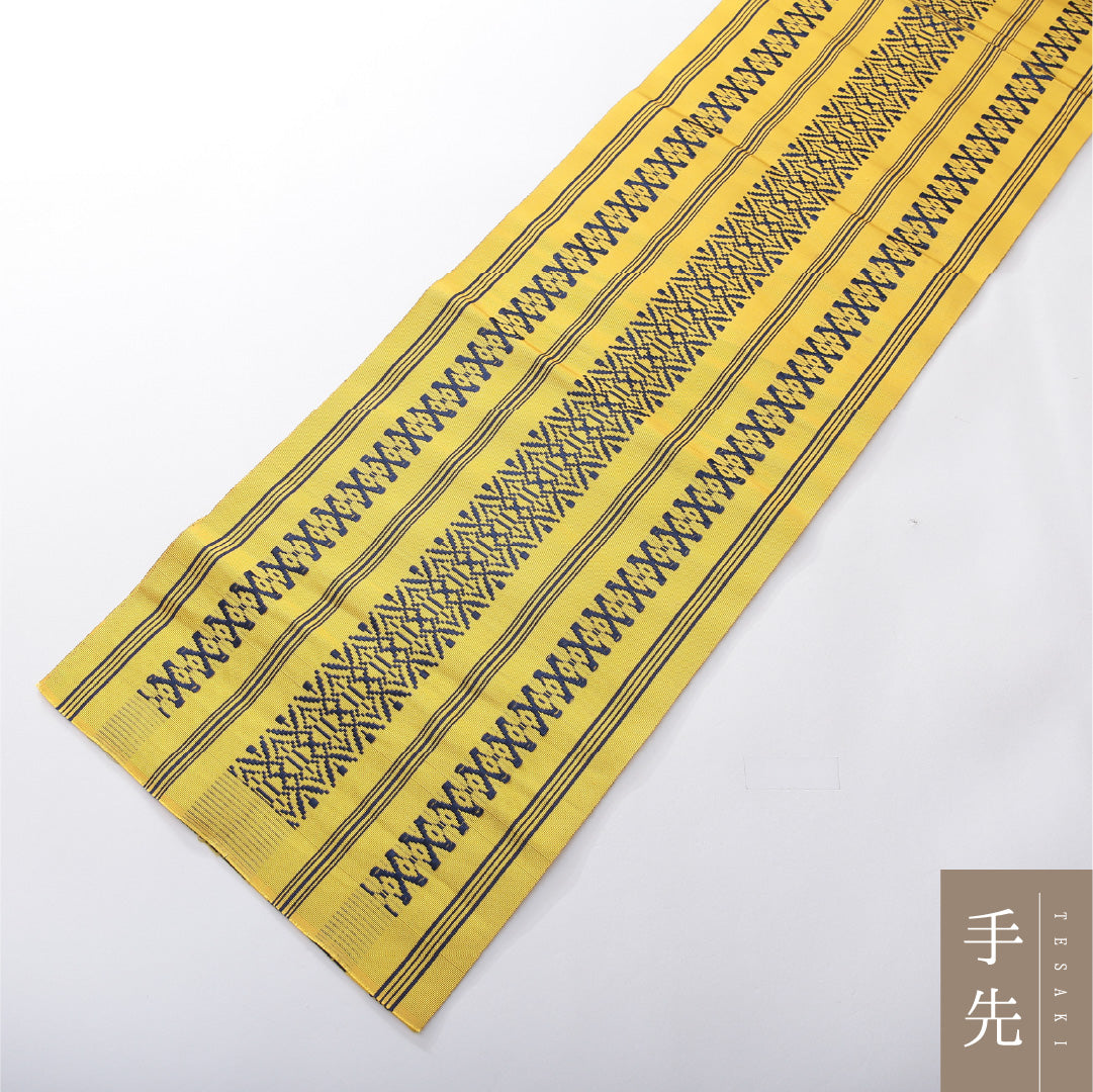 八寸名古屋帯 Sランク 帯丈480cm 正絹 全通 開き仕立て 帯端のみ未仕立て 織り インフォーマル 本場筑前博多織 献上柄 黄系 RP 1245-03891