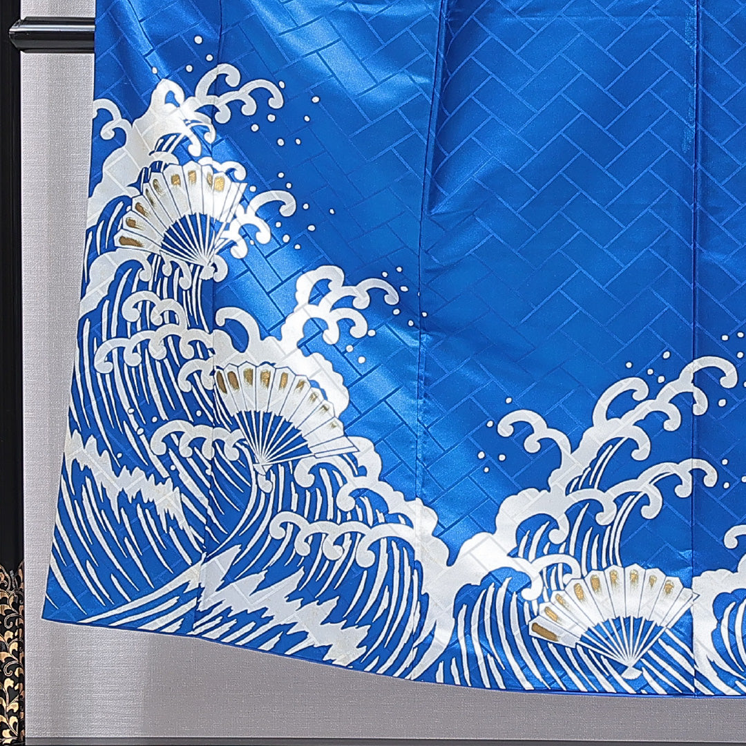 訪問着 袷 身丈150cm 裄丈60cm 正絹 Cランク Sサイズ 広衿 セミフォーマル 扇 波頭 金彩 青系 1212-15902