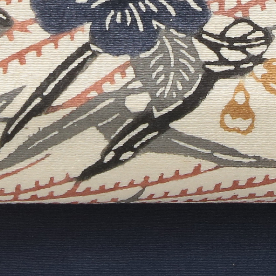 九寸名古屋帯 帯丈347cm インフォーマル 名古屋仕立て 六通 Cランク 正絹 染め帯 ちりめん 桜 クリーム系 紺系 1224-03986