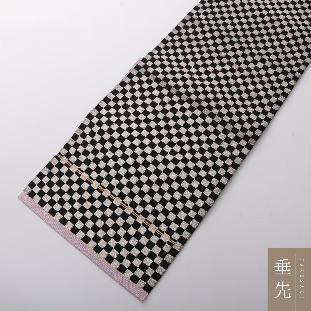 八寸名古屋帯 帯丈355cm カジュアル 松葉仕立て 六通 帯芯なし Cランク 正絹 市松 クリーム系 銀系 1224-03511