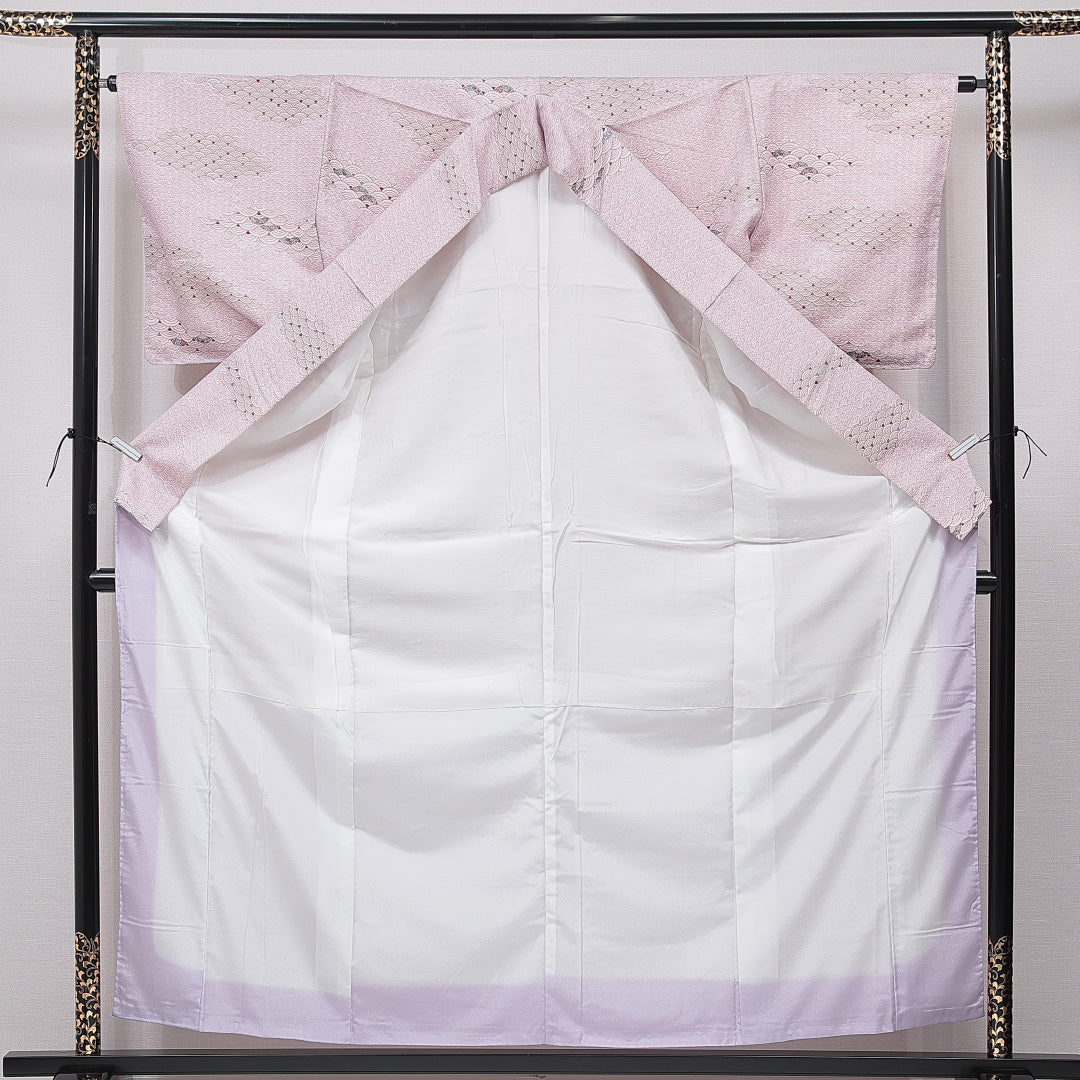 小紋 洗える着物 袷 身丈159cm 裄丈64cm ポリエステル Sランク Mサイズ 広衿 インフォーマル 青海波 紫系 1215-15789