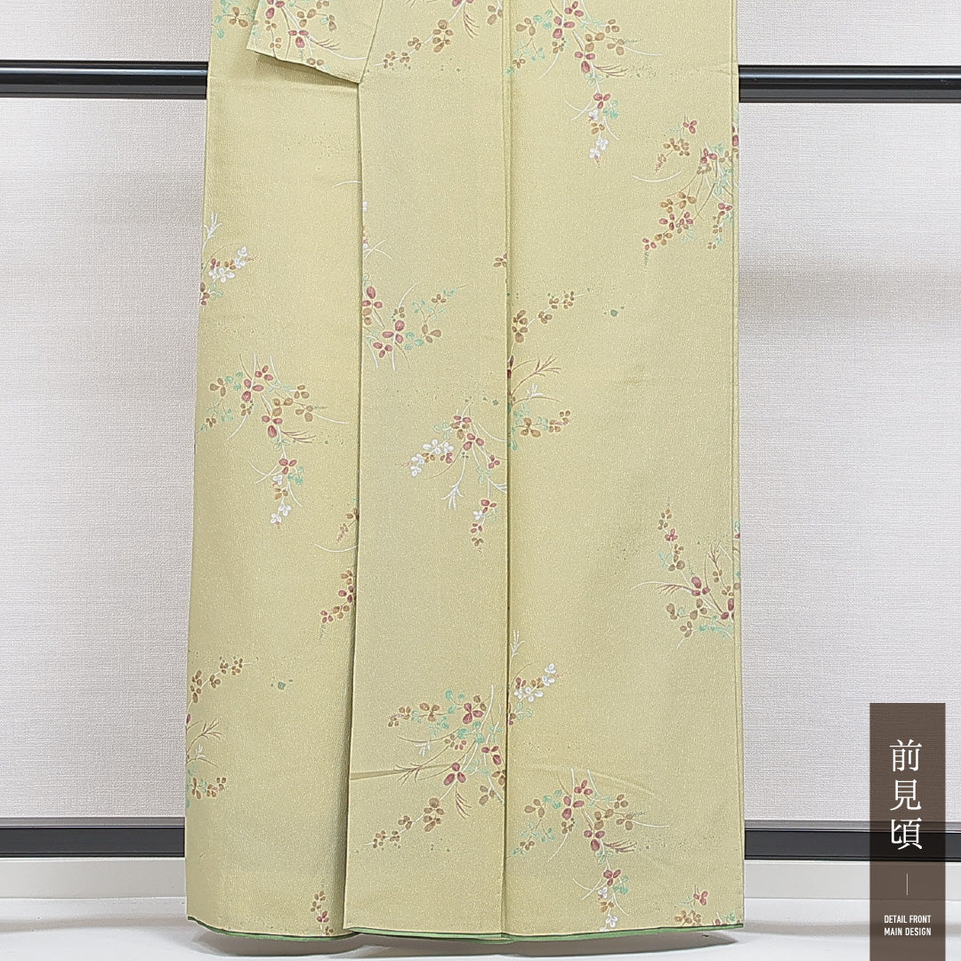 洗える着物 小紋 袷 身丈160cm 裄丈66cm ポリエステル Aランク インフォーマル 広衿 Lサイズ 萩 緑系 RP 1221-16441