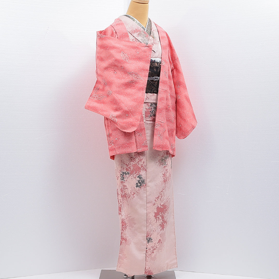 羽織 袷 身丈78cm 裄丈62cm 正絹 Sランク カジュアル Sサイズ たたき染め 植物柄 ピンク系 RP 1232-16149