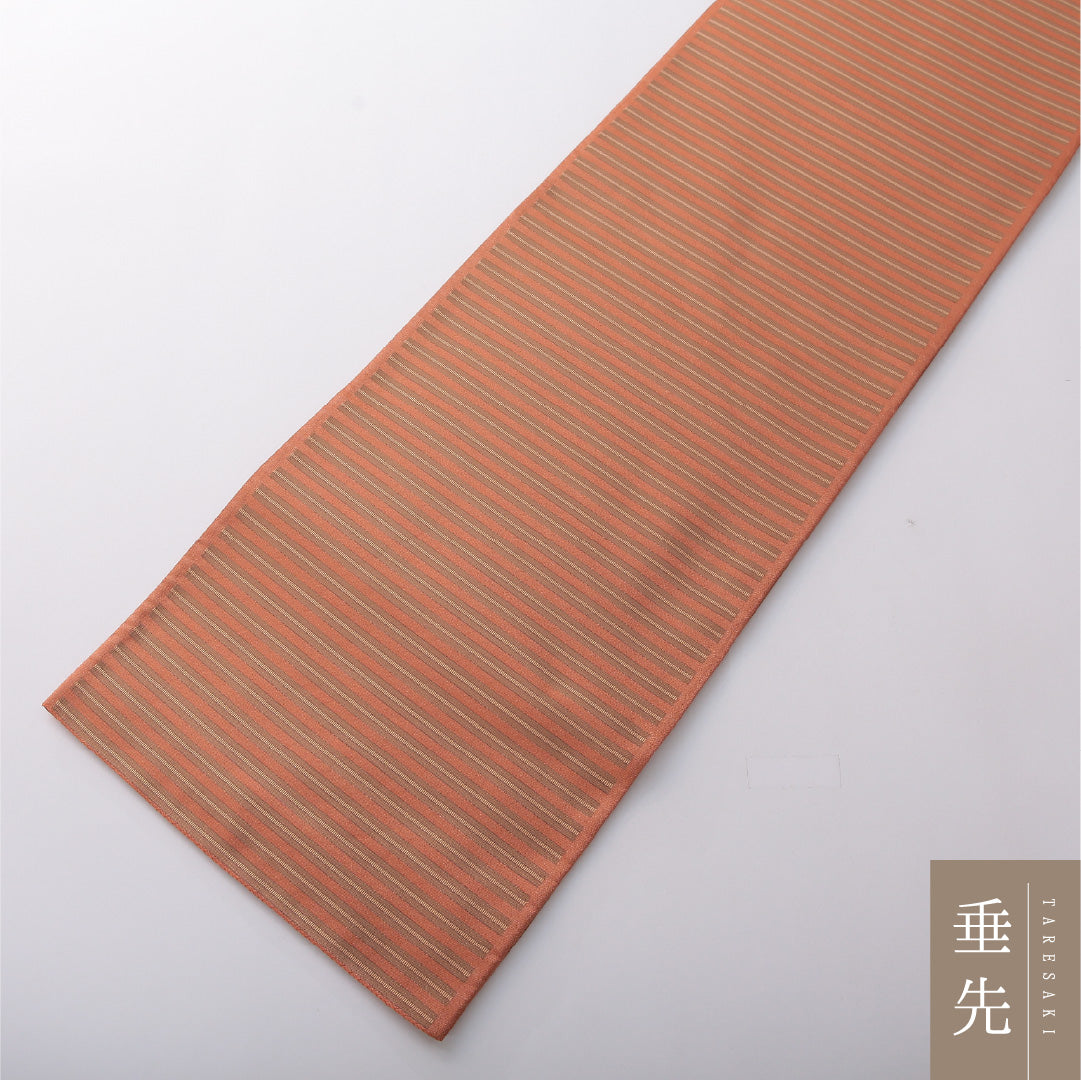 九寸名古屋帯 Sランク 帯丈440cm 正絹 六通 開き仕立て 帯芯なし 織り カジュアル 縞 茶に近い朱系 LP 1245-03601