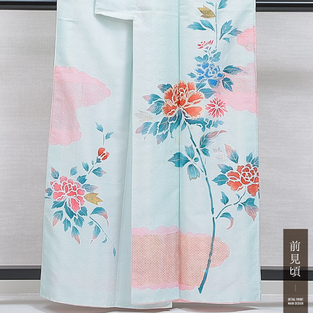 訪問着 袷 身丈159cm 裄丈63cm 正絹 Cランク セミフォーマル 広衿 Mサイズ 刺繍 牡丹 吉祥文様 水色系 LP 1217-15944