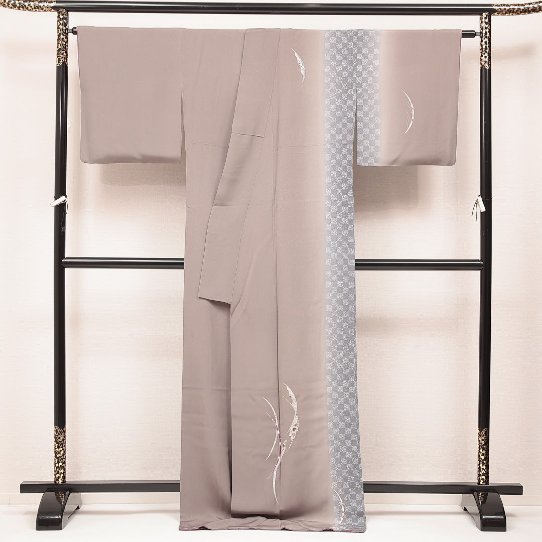 付下げ 袷 身丈174cm 裄丈68cm 正絹 Cランク 2XLサイズ 広衿 インフォーマル 市松 創作柄 グレー系 1261-16879