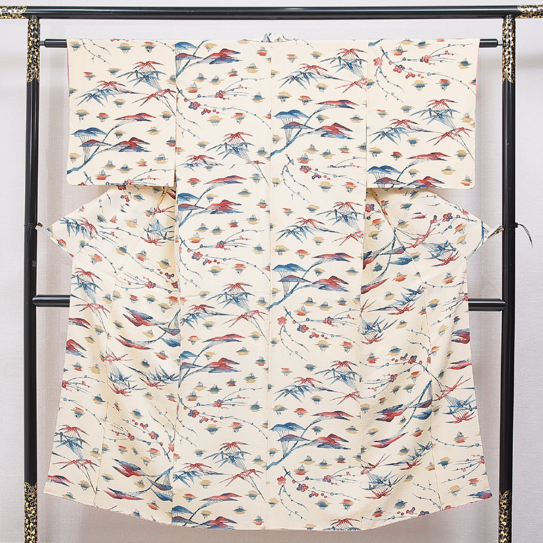小紋 袷 身丈147cm 裄丈60cm 正絹 Bランク インフォーマル 広衿 XSサイズ 山 クリーム系 HP 1221-15908