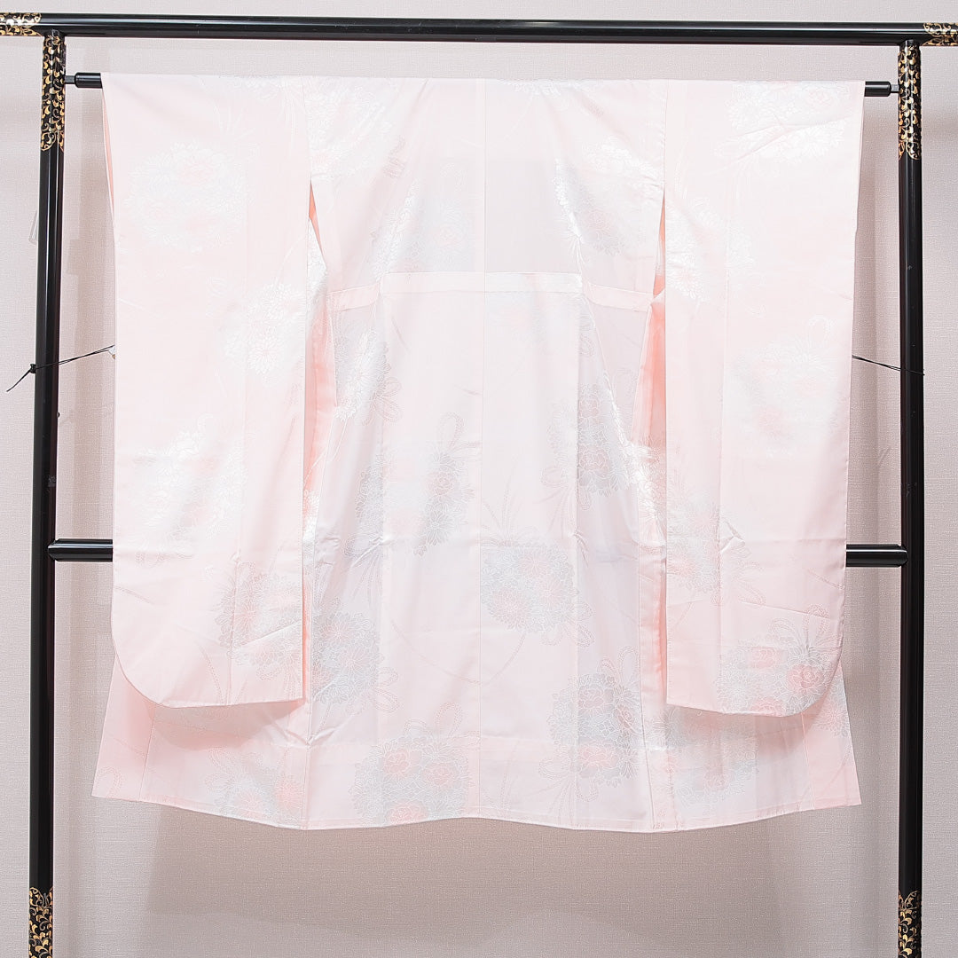 振袖用 長襦袢 無双袖 身丈128cm 裄丈62cm 正絹 Sランク Lサイズ 菊 ピンク系 RP 1240-15387