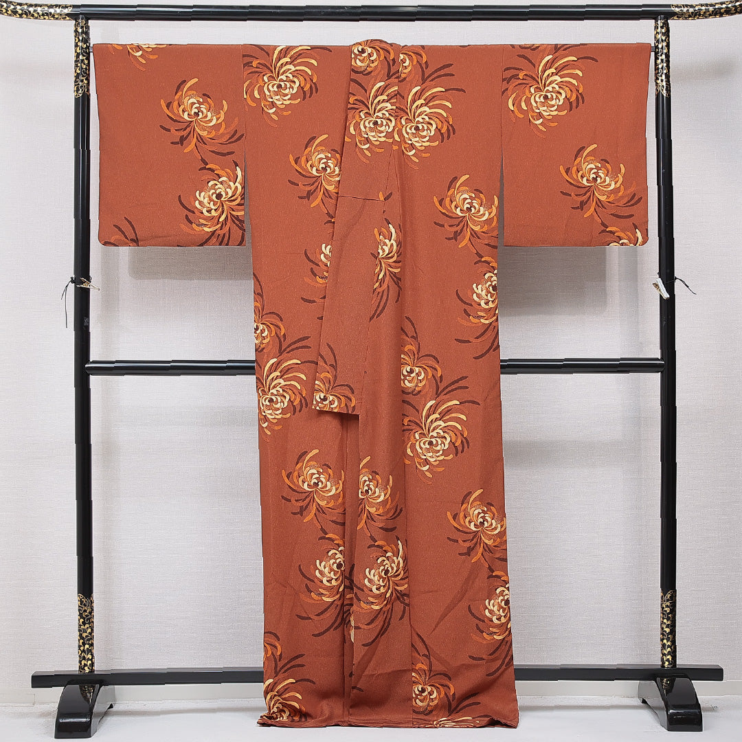 小紋 袷 身丈171cm 裄丈68cm 正絹 Sランク インフォーマル 広衿 2XLサイズ 菊 茶系 RP 1221-15714
