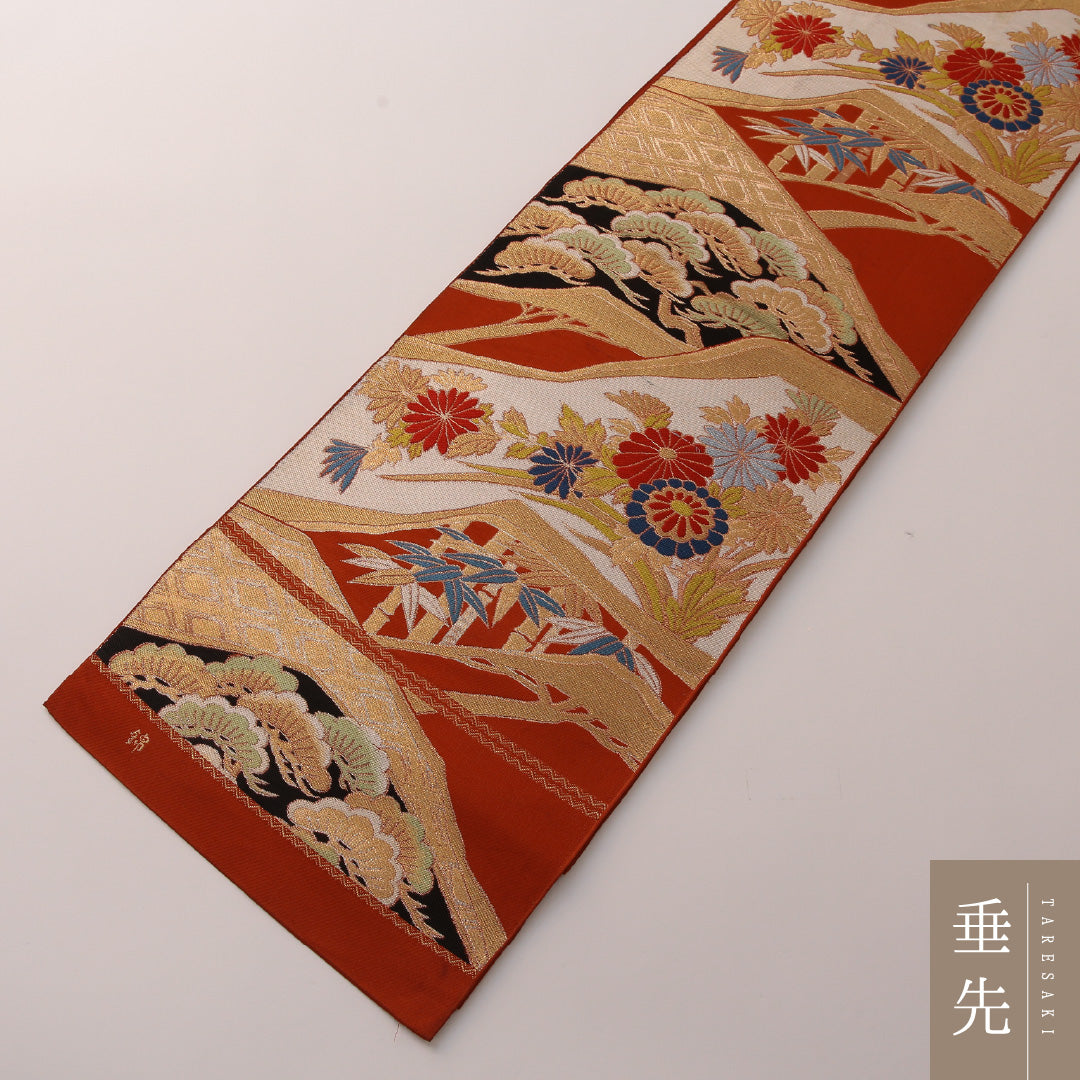 袋帯 帯丈400cm フォーマル 六通 未仕立て 帯芯なし Cランク 正絹 菱 菊 笹 朱系 金系 1223-01902