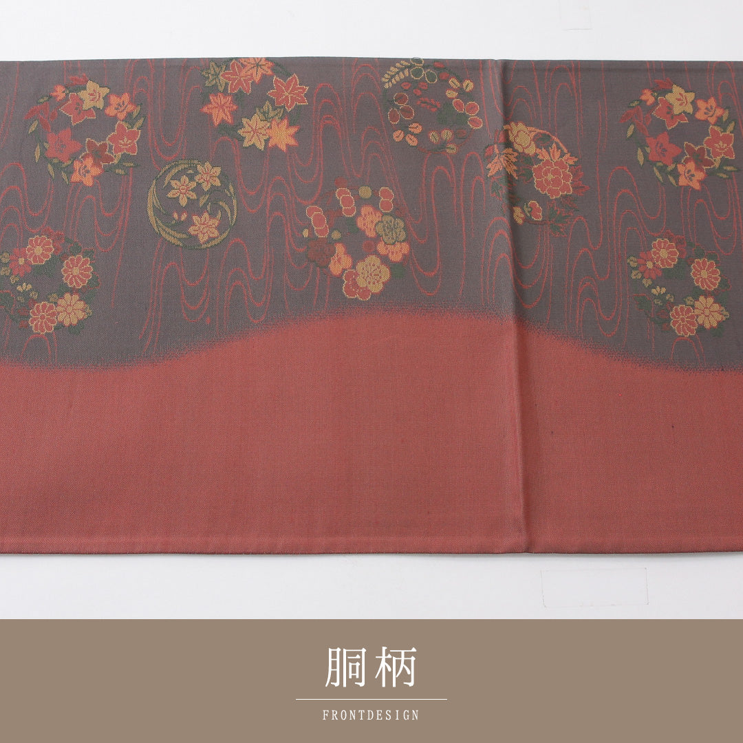 袋帯 帯丈432cm 正絹 六通 帯芯なし セミフォーマル 光琳波 丸文 グレー系 赤系 1243-02223