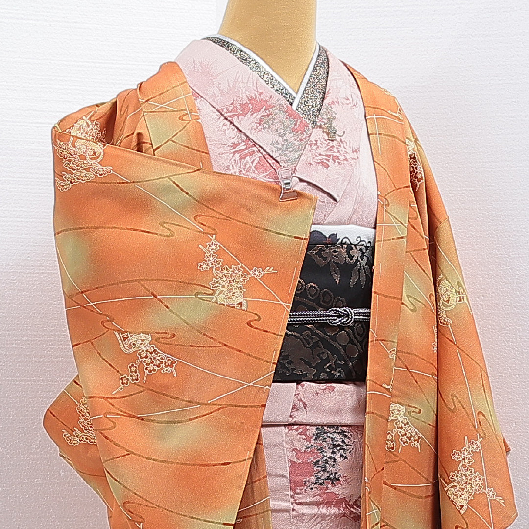 羽織 袷 身丈80cm 裄丈65cm 正絹 Aランク カジュアル Mサイズ ぼかし染 貝桶 梅 朱系 RP 1232-16191