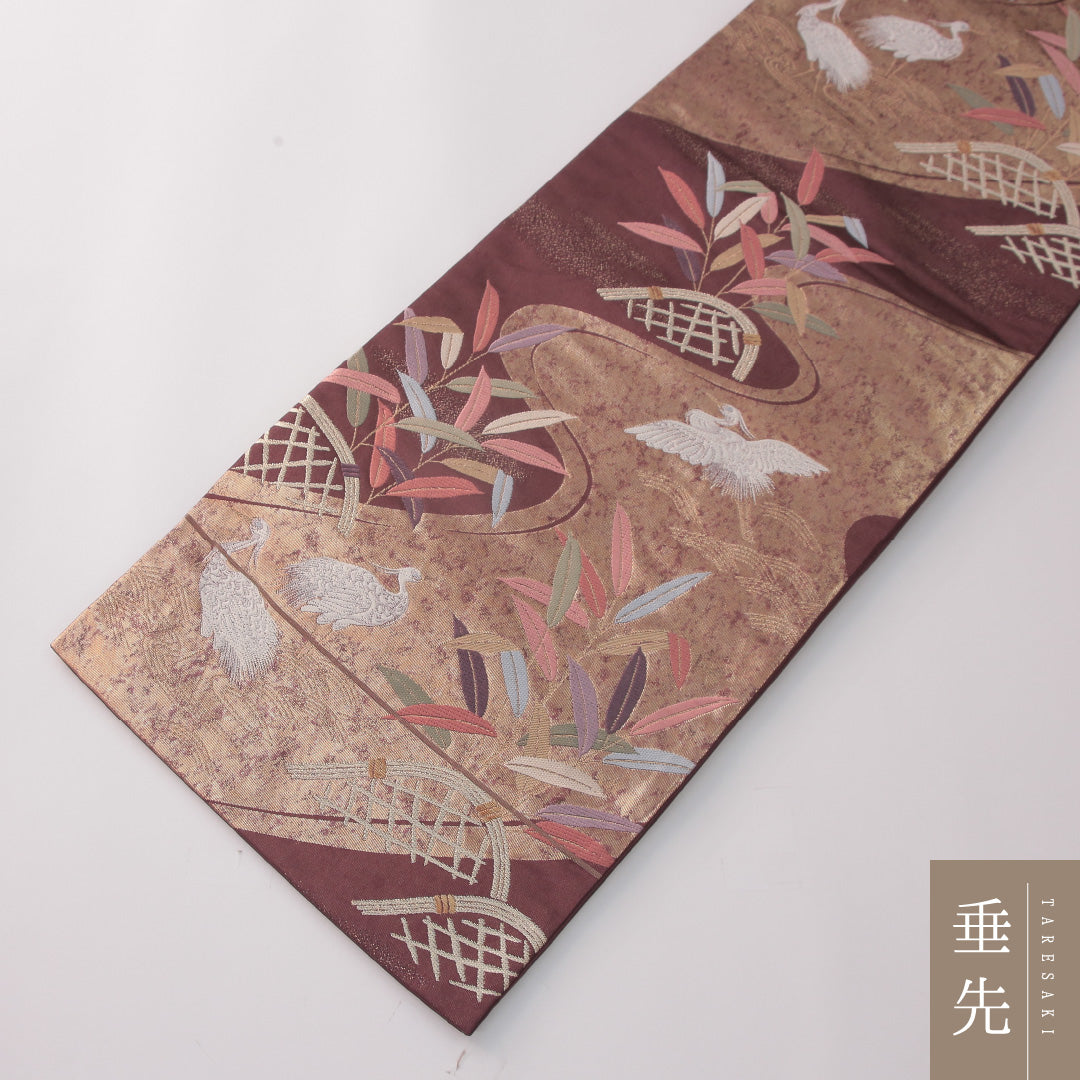 袋帯 帯丈432cm 正絹 六通 フォーマル 鷺 流水 茶系 赤系 1243-02298
