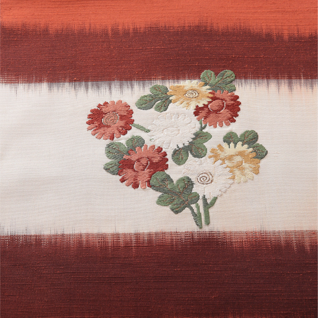 八寸名古屋帯（紬） 帯丈350cm カジュアル 開き仕立て ポイント柄 Aランク 正絹 菊 朱系 1224-03910