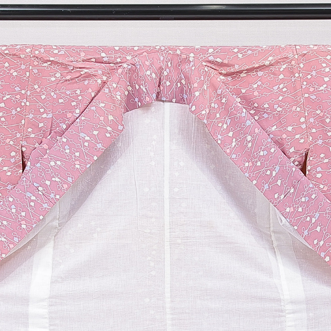 小紋 洗える着物 袷 身丈161cm 裄丈61cm ポリエステル Cランク Lサイズ 広衿 インフォーマル 抽象柄 ピンク系 1215-15804