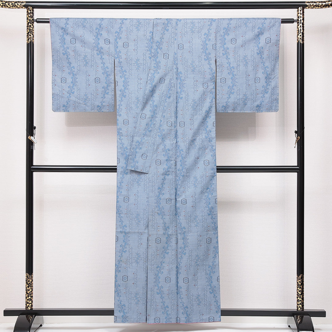 大島紬 袷 身丈157cm 裄丈62cm 正絹 Bランク インフォーマル 広衿 Mサイズ 花柄 水色系 RP 1223-15031