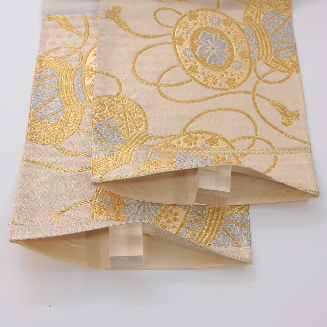 アンティーク 袋帯 帯丈416cm 六通 未仕立て 帯芯なし Aランク 正絹 鼓 金系 クリーム系 1223-02322