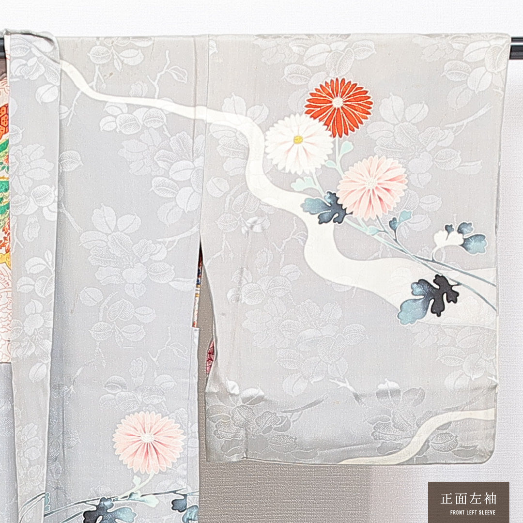 アンティーク 羽織 袷 身丈84cm 裄丈65cm 正絹 Cランク Mサイズ 菊 グレー系 1217-16806