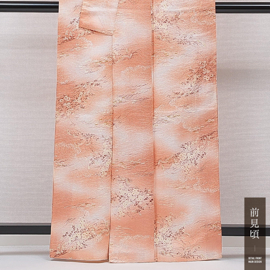 小紋 洗える着物 袷 身丈161cm 裄丈62cm ポリエステル Sランク Lサイズ 広衿 インフォーマル 菊 朱系 1215-15812