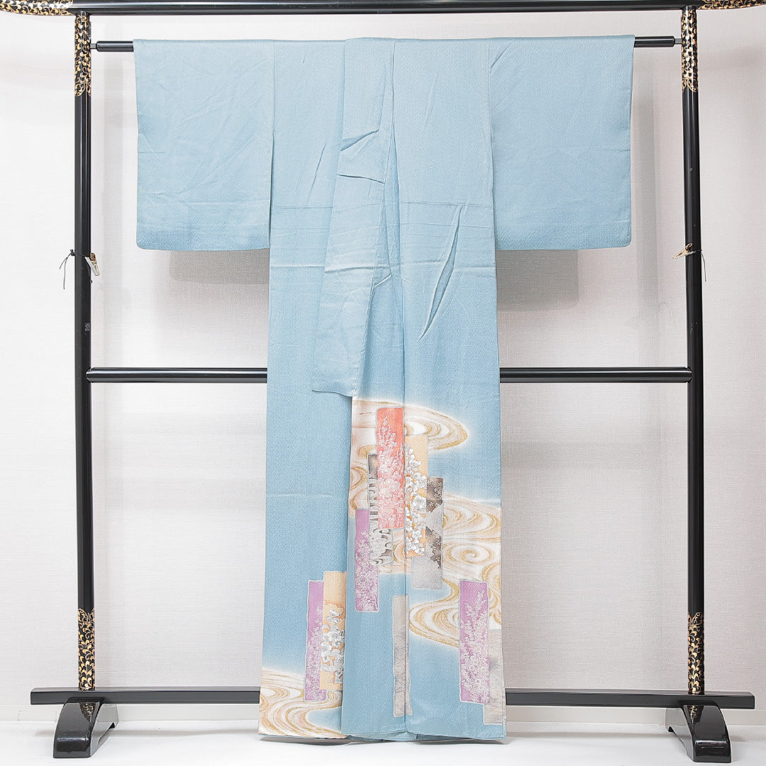 訪問着 袷 身丈161cm 裄丈62cm 正絹 Bランク 三つ紋 (五三桐) フォーマル 広衿 Lサイズ 流水 牡丹 水色系 RP 1217-15228