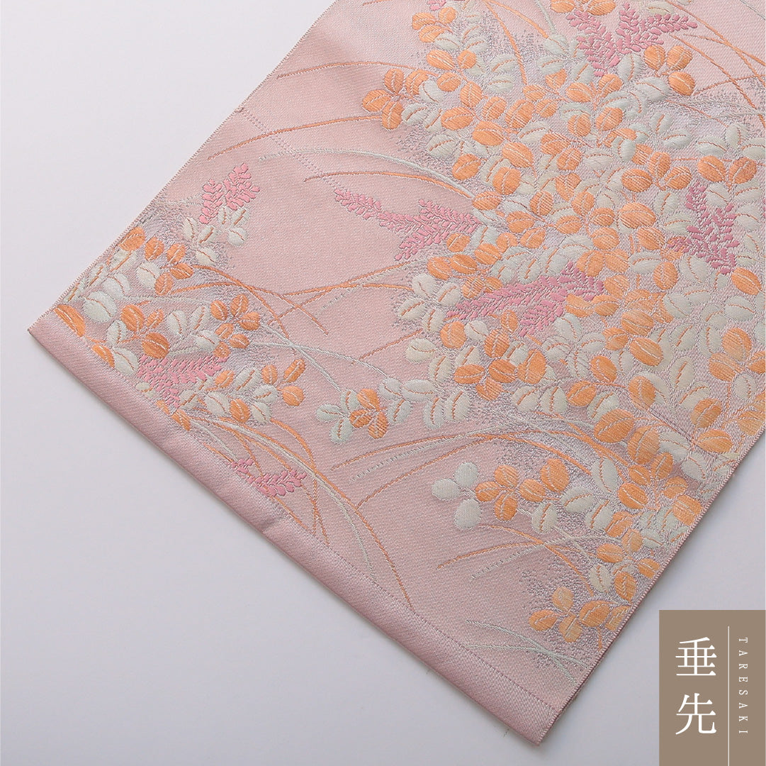 八寸名古屋帯 帯丈374cm カジュアル 開き仕立て 六通 Aランク 正絹 藤 ピンク系 紫系 1224-03492