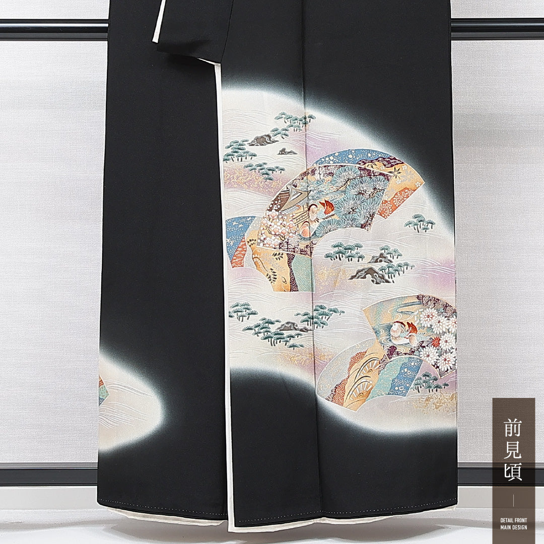 黒留袖 袷 身丈155cm 裄丈61cm 三つ紋 梅鉢 フォーマル Aランク Mサイズ 正絹 比翼仕立て 広衿 流水 扇 梅 1211-F0677