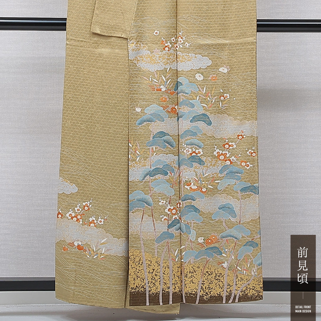付下げ 袷 身丈156cm 裄丈63cm 正絹 Sランク インフォーマル 広衿 Mサイズ 金彩 雲取り 松 金系 RP 1218-15720