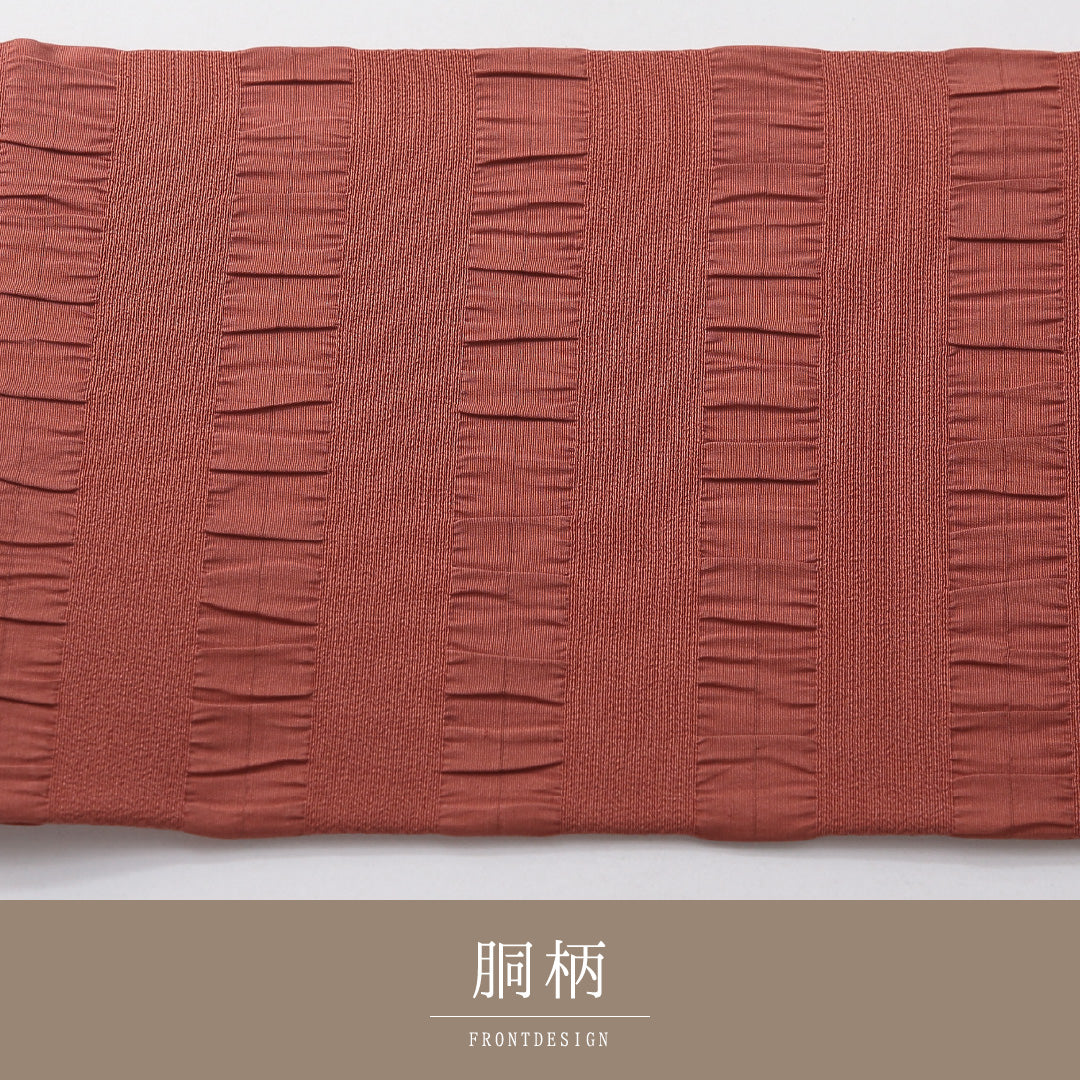 未使用品 九寸名古屋帯 Nランク 帯丈333cm 正絹 全通 名古屋仕立て 織り カジュアル しつけ糸 ふくれ織 創作柄 くすんだピンク系 HP 1245-03709